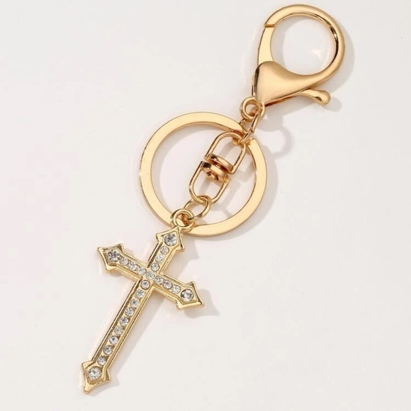 Rhinestone Cross Charm Keychain Golden Keyfob Spiritual Gift - Picture 4 of 7